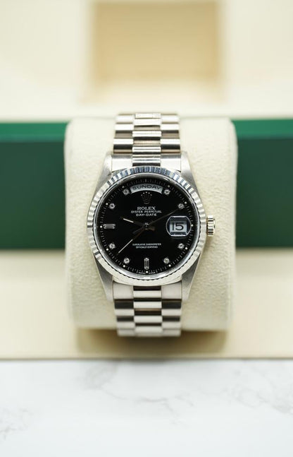 Rolex Day-Date 36 18239 White Gold Black Diamond Dial