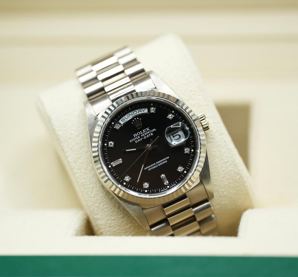 Rolex Day-Date 36 18239 White Gold Black Diamond Dial