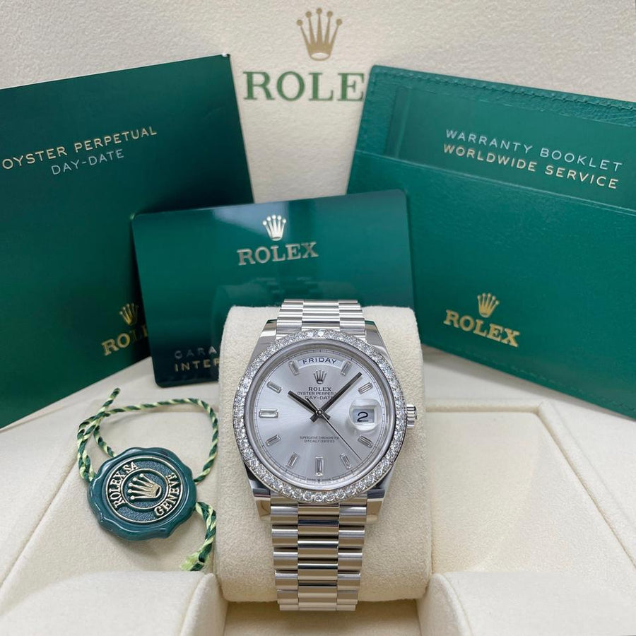 Rolex Day-Date 40 228349RBR White Gold Silver Baguette Diamond Dial