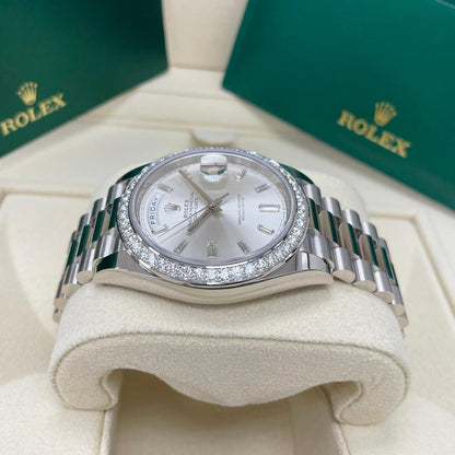 Rolex Day-Date 40 228349RBR White Gold Silver Baguette Diamond Dial