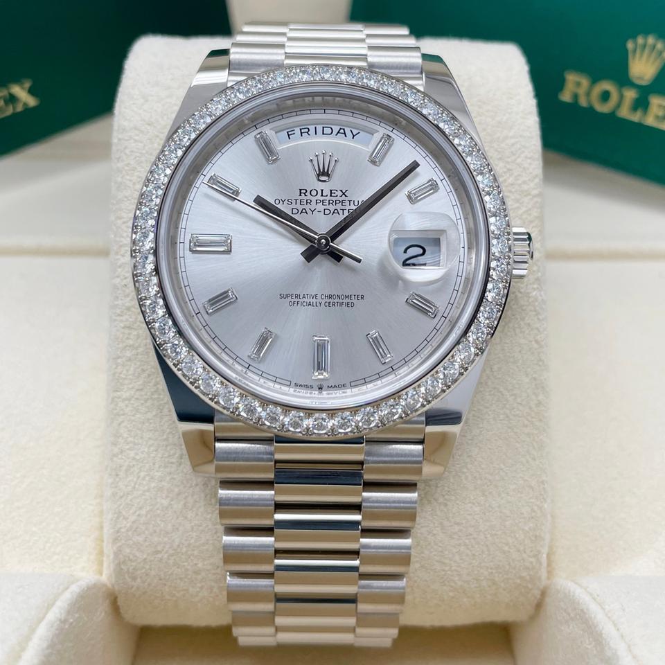 Rolex Day-Date 40 228349RBR White Gold Silver Baguette Diamond Dial