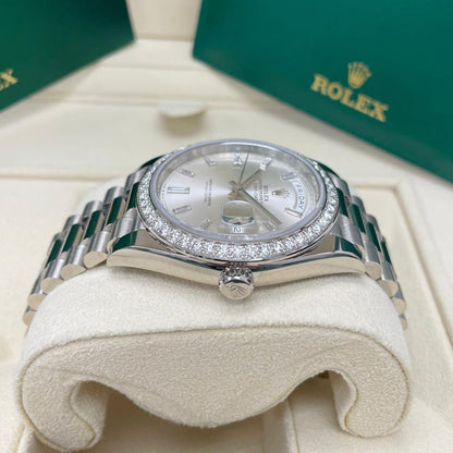 Rolex Day-Date 40 228349RBR White Gold Silver Baguette Diamond Dial