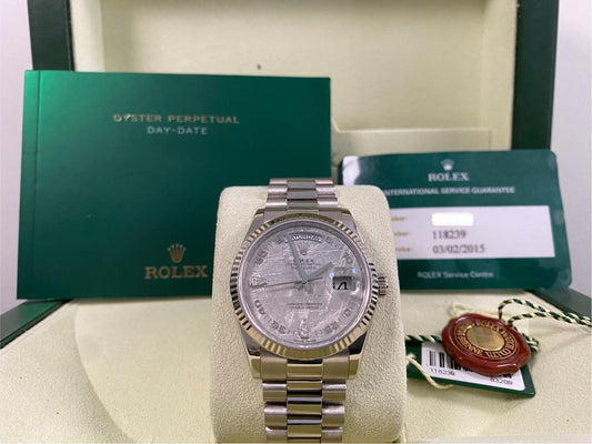 Rolex Day-Date 36 118239 White Gold Meteorite Teardrop Diamond Dial