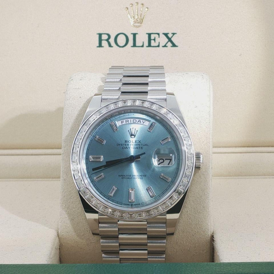 Rolex Day-Date 40 228396TBR Platinum Ice Blue Baguette Diamond Dial