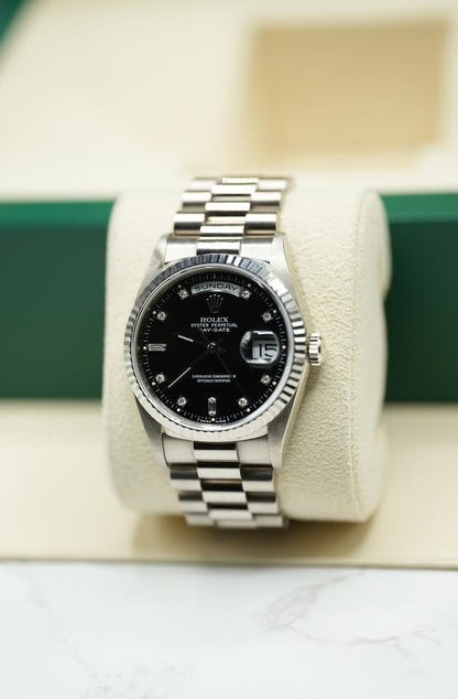 Rolex Day-Date 36 18239 White Gold Black Diamond Dial