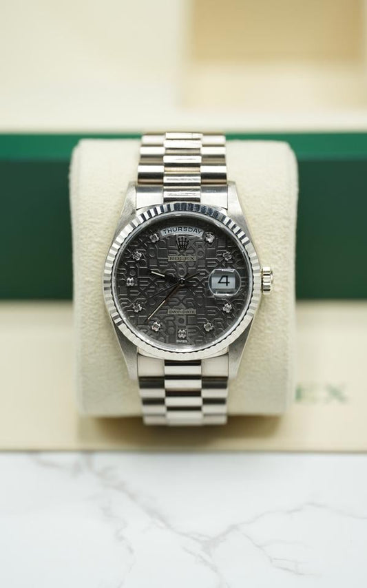 Rolex Day-Date 36 18239 White Gold Grey Jubilee Diamond Dial