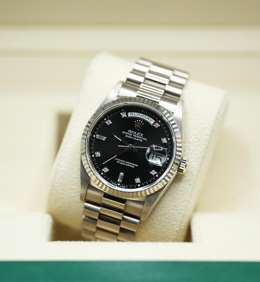Rolex Day-Date 36 18239 White Gold Black Diamond Dial